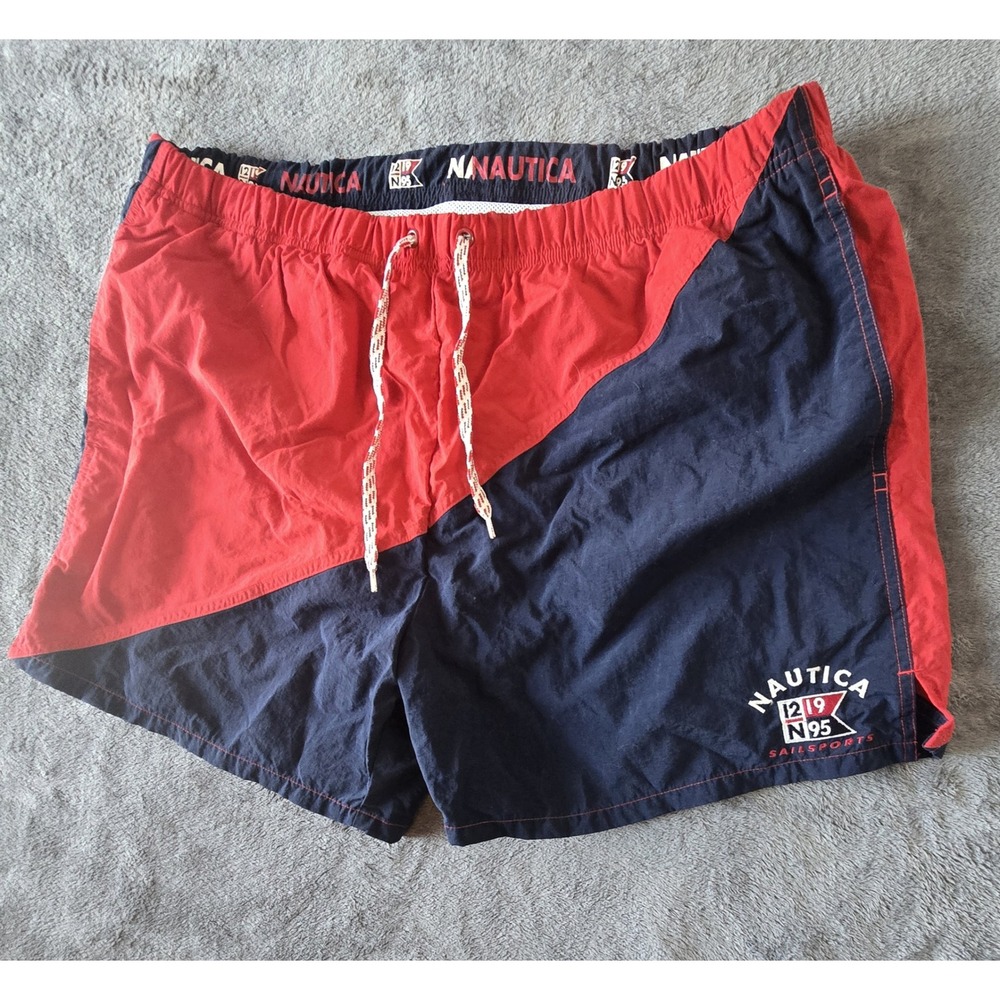 Nautica N95 Sailsport 219 Colorblock Swim Trunks Men's L Red Navy Mesh Lined VTG - Picture 4 of 16